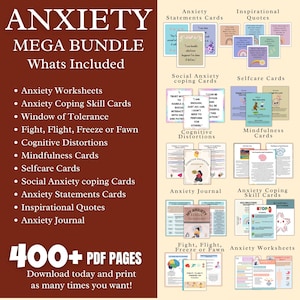 May include: A digital download bundle of printable resources for managing anxiety. The bundle includes worksheets, coping skill cards, mindfulness cards, self-care cards, social anxiety coping cards, anxiety statements cards, inspirational quotes, a journal, and more. The bundle contains over 400 pages of printable content.