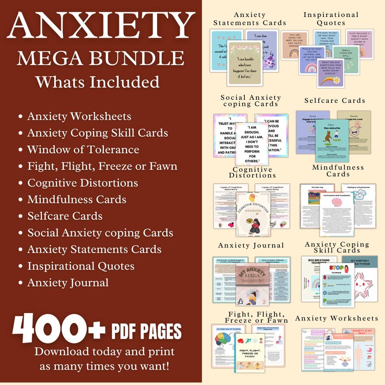 May include: A digital download bundle of printable resources for managing anxiety. The bundle includes worksheets, coping skill cards, mindfulness cards, self-care cards, social anxiety coping cards, anxiety statements cards, inspirational quotes, a journal, and more. The bundle contains over 400 pages of printable content.