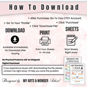 May include: A digital download guide with instructions on how to download and print sheets from Etsy. The image includes the text "How To Download", "Download", "Print", and "Sheets". The guide is designed by MY ARTS & WONDER School.