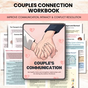 Puede incluir: Un cuaderno de trabajo titulado "Couples Connection Workbook" con el subt&iacute;tulo "Improve Communication, Intimacy & Conflict Resolution." La portada presenta dos manos entrelazadas. El cuaderno de trabajo est&aacute; dise&ntilde;ado para ayudar a las parejas a establecer l&iacute;mites saludables y fortalecer las relaciones.