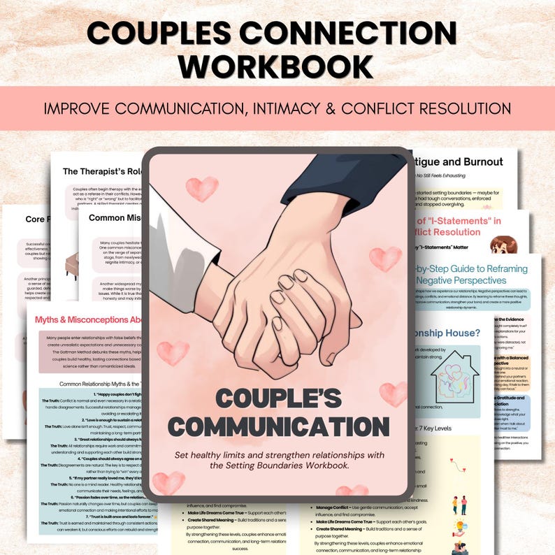 Puede incluir: Un cuaderno de trabajo titulado "Couples Connection Workbook" con el subt&iacute;tulo "Improve Communication, Intimacy & Conflict Resolution." La portada presenta dos manos entrelazadas. El cuaderno de trabajo est&aacute; dise&ntilde;ado para ayudar a las parejas a establecer l&iacute;mites saludables y fortalecer las relaciones.