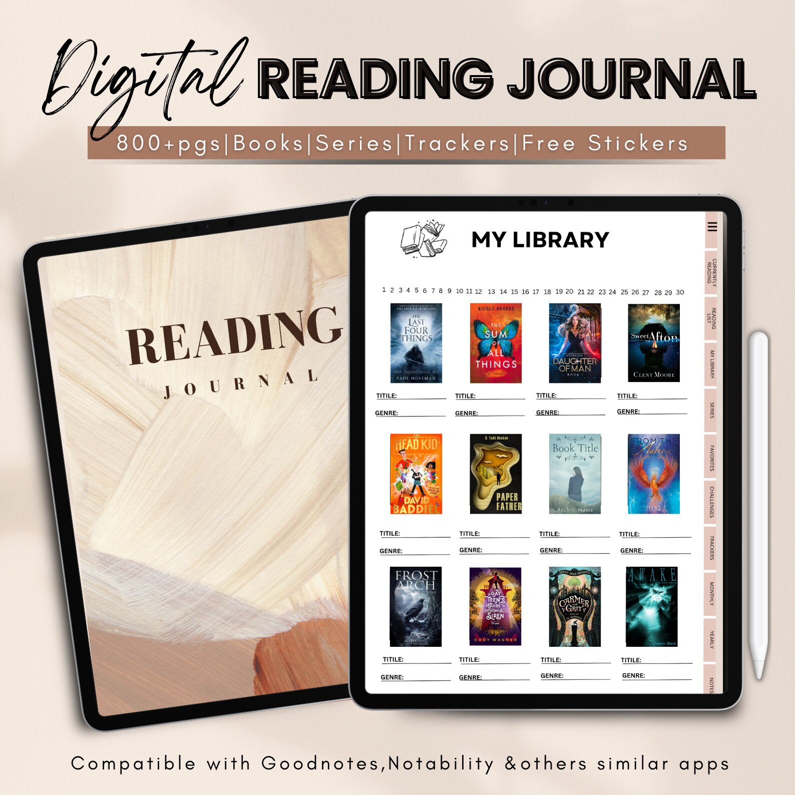 Lesetagebuch Digital | Goodnotes-Tagebuch | Goodnotes Vorlage | Bücherregal Digital | Buch Tracker | Buchbesprechung | Leseplan
