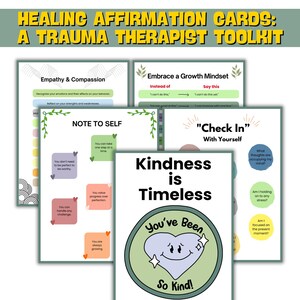 K&ouml;nnte beinhalten: Ein Satz farbenfroher Affirmationskarten mit gr&uuml;nen R&auml;ndern und floralen Akzenten. Die Karten zeigen positive Botschaften f&uuml;r Selbstf&uuml;rsorge und Heilung, darunter "Empathie & Mitgef&uuml;hl", "Eine Wachstumsmentalit&auml;t annehmen", "Notiz an sich selbst", "Check-in mit sich selbst" und "Freundlichkeit ist zeitlos".