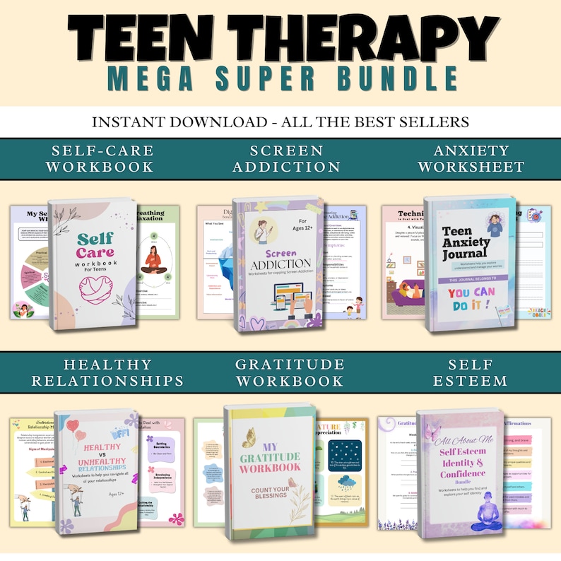 May include: A digital product bundle for teen therapy. The bundle includes workbooks and journals for self-care, screen addiction, anxiety, healthy relationships, gratitude, and self-esteem. The workbooks feature colorful covers with illustrations and text.