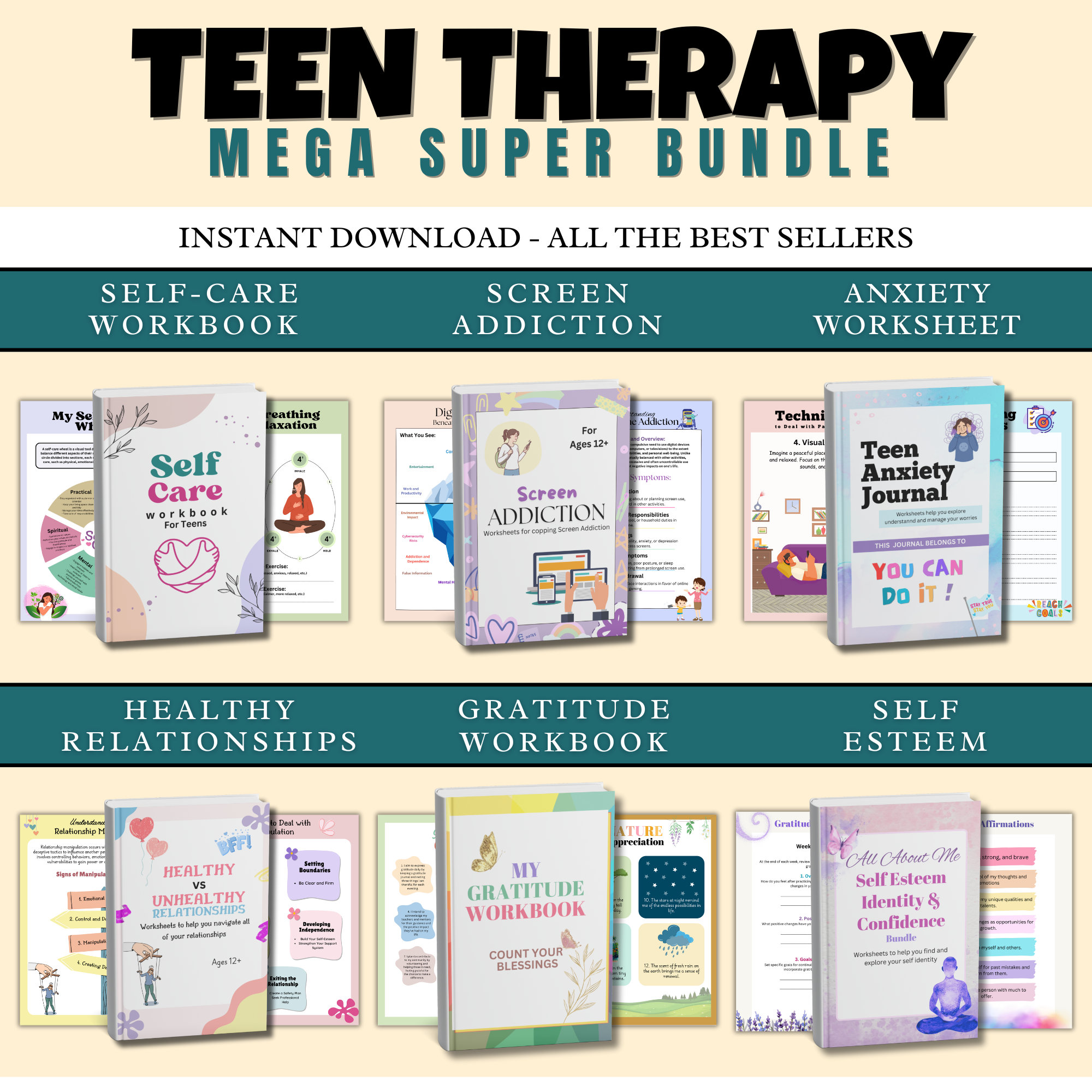 Teen Therapy Mega Bundle | Mental Health Tools | Therapy Worksheets | Digital Therapy Bundle | Self-Care Activities | Digital Download