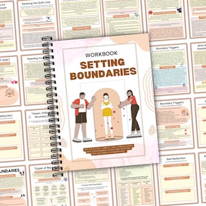 May include: A spiral-bound workbook titled "Setting Boundaries" with a cover illustration of three figures. The cover is light peach with the title in large, bold letters. Surrounding pages feature text and diagrams related to self-help and personal development.