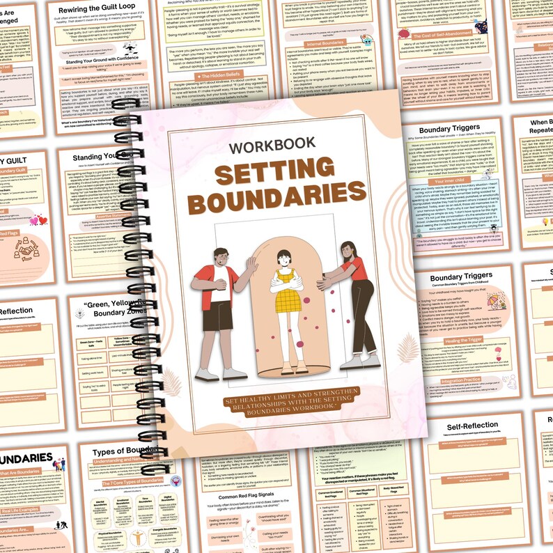 May include: A spiral-bound workbook titled "Setting Boundaries" with a cover illustration of three figures. The cover is light peach with the title in large, bold letters. Surrounding pages feature text and diagrams related to self-help and personal development.
