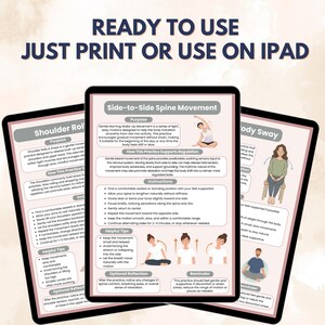Op de afbeelding: Drie digitale tablets met instructies voor wellness-oefeningen. De bovenste tablet toont "READY TO USE JUST PRINT OR USE ON IPAD". De andere tablets tonen instructies voor "Shoulder Roll", "Side-to-Side Spine Movement" en "Body Sway".