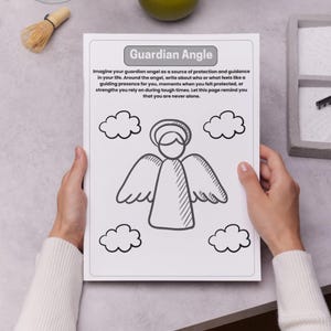 May include: A black and white printable worksheet with a drawing of an angel with wings and a halo. The text on the worksheet reads "Guardian Angle" and asks the user to imagine their guardian angel as a source of protection and guidance in their life. The worksheet instructs the user to write about who or what feels like a guiding presence for them, moments when they felt protected, or strengths they rely on during tough times.