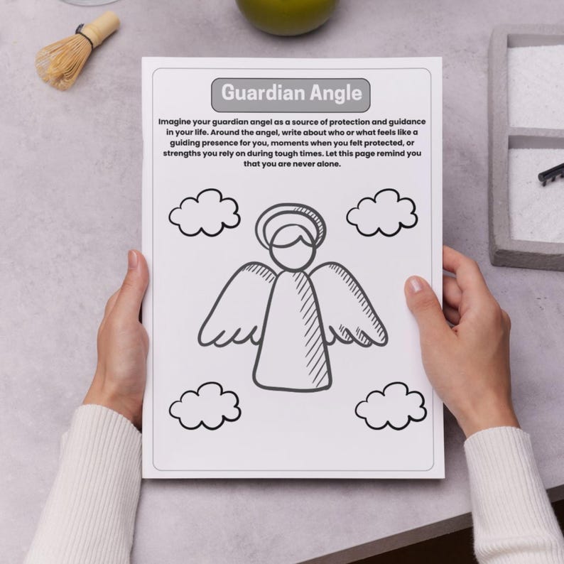 May include: A black and white printable worksheet with a drawing of an angel with wings and a halo. The text on the worksheet reads "Guardian Angle" and asks the user to imagine their guardian angel as a source of protection and guidance in their life. The worksheet instructs the user to write about who or what feels like a guiding presence for them, moments when they felt protected, or strengths they rely on during tough times.