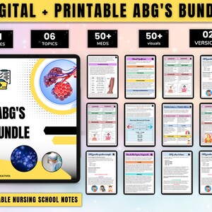 May include: A digital and printable bundle of ABG's notes for nursing students. The cover features a colourful illustration of lungs and the text "ABG's Bundle". The bundle includes 21 pages, 6 topics, 50+ medications, 50+ visuals, and 2 versions.