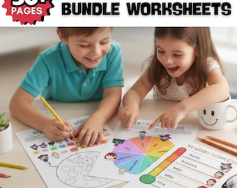 Feelings Therapy Bundle for Kids, Emotions Worksheets, Feelings Wheel & Worry Thermometer Printable, Classroom Counseling SEL Resources