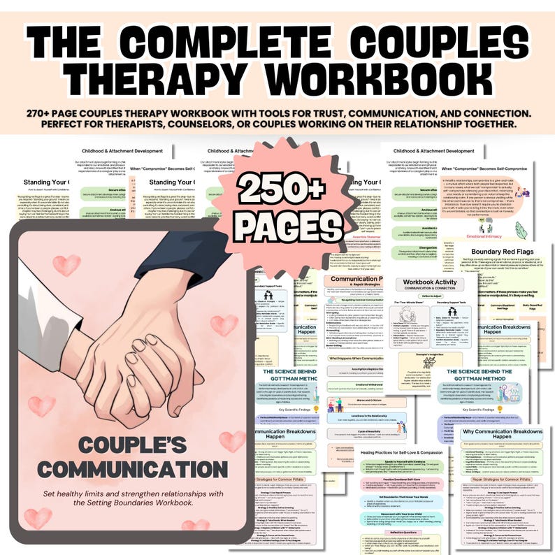 Puede incluir: Un cuaderno de trabajo de terapia de pareja titulado "The Complete Couples Therapy Workbook". La portada muestra manos entrelazadas y el texto "Couple's Communication". El cuaderno tiene m&aacute;s de 250 p&aacute;ginas y est&aacute; dise&ntilde;ado para parejas.