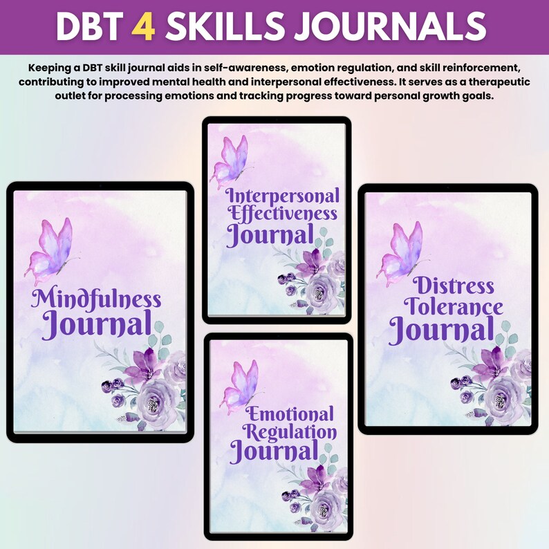 Puede incluir: Cuatro portadas de diarios digitales con fondos de acuarela e ilustraciones de mariposas. Los t&iacute;tulos son Diario de la atenci&oacute;n plena, Diario de la eficacia interpersonal, Diario de la regulaci&oacute;n emocional y Diario de la tolerancia a la angustia.