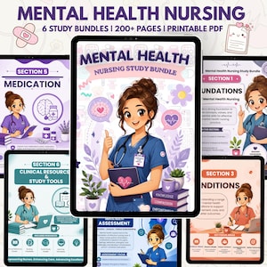 May include: A digital mental health nursing study bundle featuring six printable PDF sections. The cover displays a nurse in blue scrubs holding a folder, surrounded by illustrations of a brain, heart, plants, and books labeled knowledge, compassion, and empowerment.