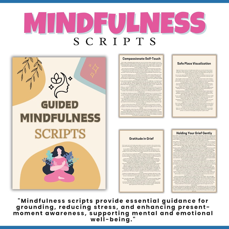May include: A digital download of guided mindfulness scripts. The cover features a pink and orange illustration of a person meditating. The text on the cover reads "Guided Mindfulness Scripts".