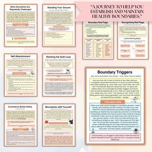 May include: A collection of informational posters with text on healthy boundaries. The posters cover topics like boundary triggers, red flags, and self-abandonment. The color scheme is primarily pink, white, and beige, with black text. The phrase "A Journey to Help You Establish and Maintain Healthy Boundaries" is at the top.