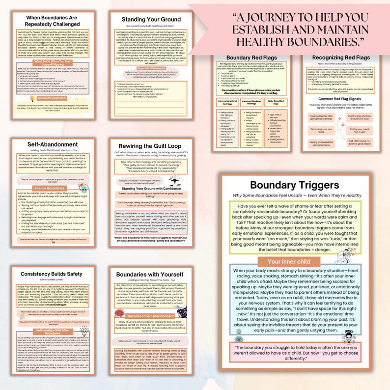 May include: A collection of informational posters with text on healthy boundaries. The posters cover topics like boundary triggers, red flags, and self-abandonment. The color scheme is primarily pink, white, and beige, with black text. The phrase "A Journey to Help You Establish and Maintain Healthy Boundaries" is at the top.
