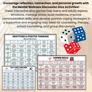 Op de afbeelding: Drie zeszijdige dobbelstenen in wit, blauw en rood liggen boven drie geprinte activiteitenbladen met de titels Gratitude & Positive Thinking, Coping Skills en Self-Care & Wellness, elk voorzien van een raster met discussievragen.