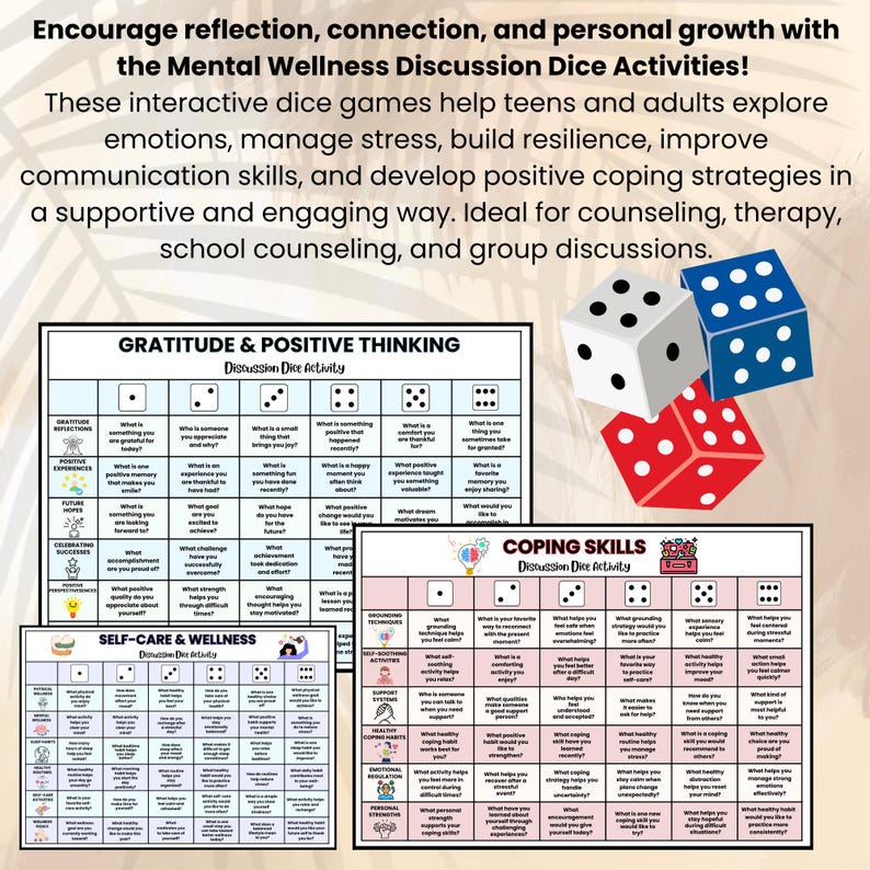 Op de afbeelding: Drie zeszijdige dobbelstenen in wit, blauw en rood liggen boven drie geprinte activiteitenbladen met de titels Gratitude & Positive Thinking, Coping Skills en Self-Care & Wellness, elk voorzien van een raster met discussievragen.