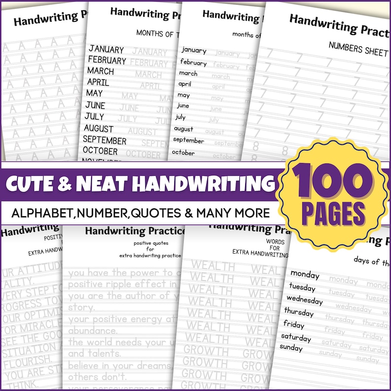 100 Page Neat Hand Writing Workbook Practice Sheet Guide Letters, Words, and Sentences Adults Kids Teens image 1