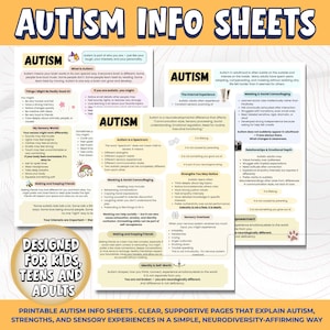 Hojas informativas sobre autismo en PDF imprimibles / Hojas de trabajo sencillas sobre autismo para niños y adolescentes / Apoyo sensorial, social y emocional