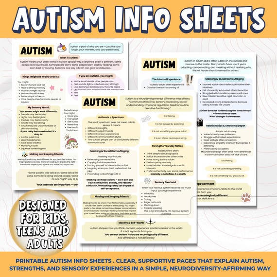 Autism Info Sheets Printable PDF | Easy Autism Worksheets for Kids & Teens | Sensory, Social Skills and Emotional Support