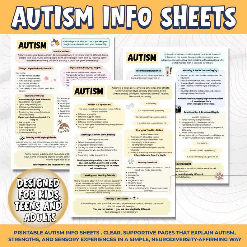 Autism Info Sheets Printable PDF | Easy Autism Worksheets for Kids & Teens | Sensory, Social Skills and Emotional Support image 1