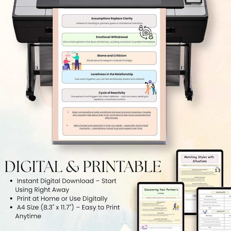 May include: A digital and printable document with relationship advice. The document includes sections on emotional withdrawal, blame, and loneliness. The text is in black and white, with illustrations. The document is A4 size, 8.3 x 11.7 inches.