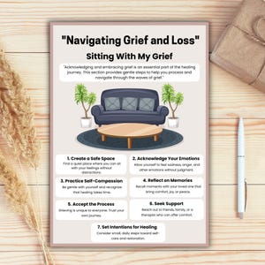 May include: A colourful infographic with a couch and coffee table illustration provides seven steps for navigating grief and loss. The steps include creating a safe space, acknowledging emotions, practising self-compassion, reflecting on memories, accepting the process, seeking support, and setting intentions for healing.