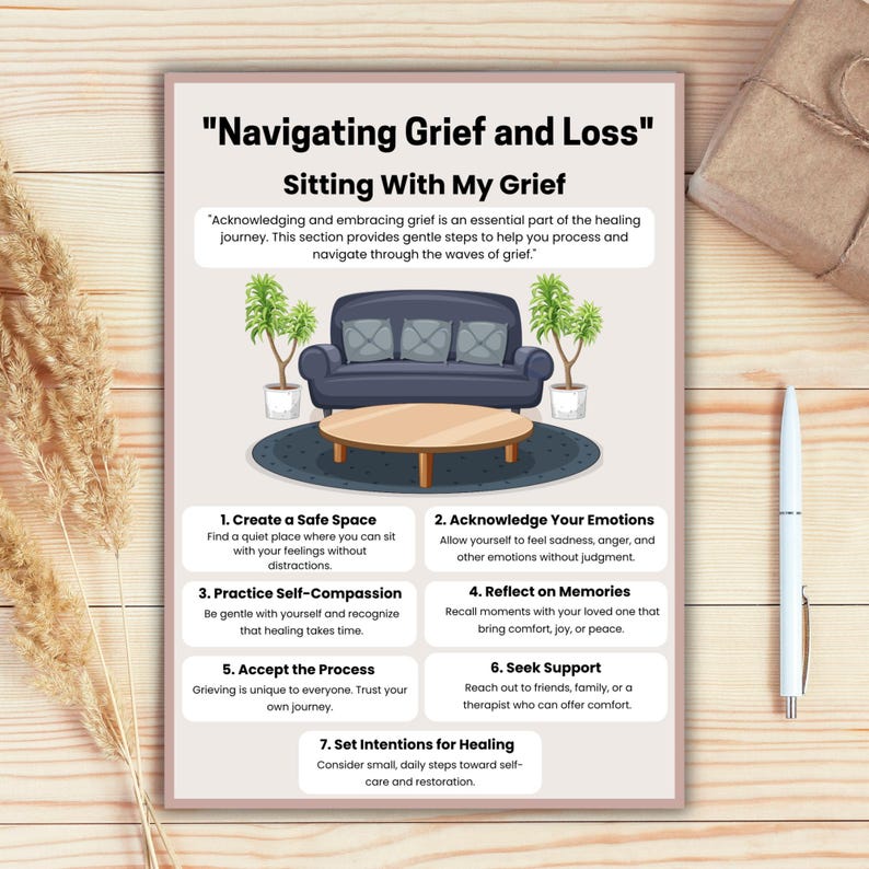May include: A colourful infographic with a couch and coffee table illustration provides seven steps for navigating grief and loss. The steps include creating a safe space, acknowledging emotions, practising self-compassion, reflecting on memories, accepting the process, seeking support, and setting intentions for healing.