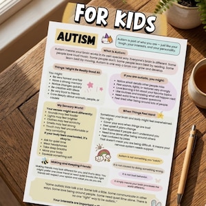 May include: A printed educational poster titled "FOR KIDS" with information about autism. The poster includes text, graphics, and lists about autism, sensory experiences, and social interactions. The color scheme is primarily white, beige, and pastel colors.