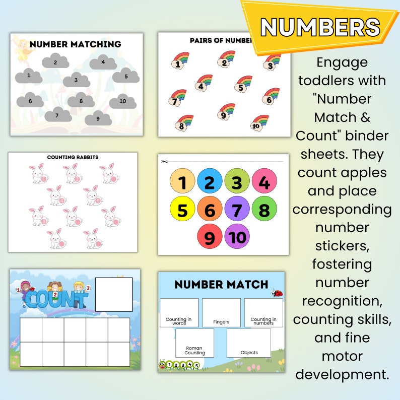 May include: A set of printable worksheets for toddlers to practice counting and number recognition. The worksheets feature colorful illustrations of rainbows, rabbits, and apples. The text on the worksheets includes "Number Matching", "Pairs of Numbers", "Counting Rabbits", "Count", and "Number Match".