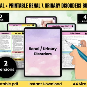 Könnte beinhalten: Ein digitales und druckbares Bundle mit 10 Themen rund um Nieren- und Harnwegserkrankungen. Das Bundle umfasst 41 Seiten mit Informationen und Illustrationen. Das Cover zeigt einen rosa-weißen Aquarellhintergrund mit dem Titel "Nieren- / Harnwegserkrankungen" in schwarzer Schrift. Das Bundle ist zum sofortigen Download verfügbar und im A4-Format druckbar.
