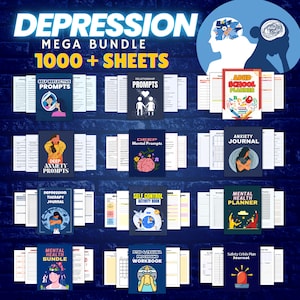 May include: A digital download of printable worksheets and journals for managing depression, anxiety, and other mental health challenges. The bundle includes over 1000 sheets with titles like "Self Reflective Prompts", "Deep Anxiety Prompts", "Relationship Prompts", "ADHD School Planner", "Anxiety Journal", "Depression Therapy Journal", "Self Control Activity Book", "Mental Health Planner", "Mental Health Bundle", "PTSD & Trauma Processing Workbook", and "Safety Crisis Plan Journal".