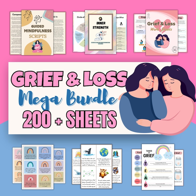 May include: A digital download bundle of printable worksheets for grief and loss. The bundle includes over 200 pages of worksheets with colourful illustrations and text. The text includes the words "Grief & Loss Mega Bundle 200+ Sheets".