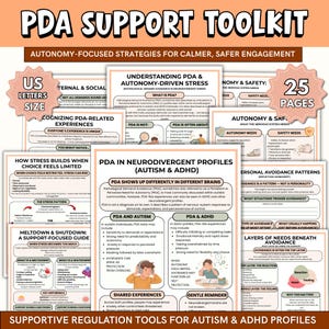 Puede incluir: Un kit de herramientas de apoyo a la PDA con el texto "Estrategias centradas en la autonomía para un compromiso más tranquilo y seguro". El kit incluye 25 páginas de herramientas de regulación para perfiles de autismo y TDAH.