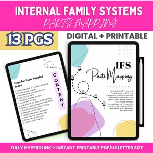 May include: A digital download of a 13-page guide to Internal Family Systems (IFS) Parts Mapping. The guide features a pink, yellow, and blue abstract design with the text "IFS Parts Mapping" and a list of steps for parts mapping in IFS.