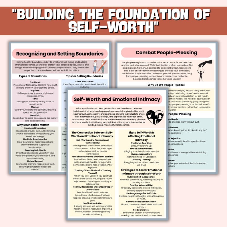 May include: A colorful infographic with the title "Building the Foundation of Self-Worth". The infographic is divided into three sections: Recognizing and Setting Boundaries, Self-Worth and Emotional Intimacy, and Combat People-Pleasing. Each section includes text and illustrations.