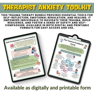 K&ouml;nnte beinhalten: Ein digitaler, druckbarer Toolkit f&uuml;r Therapeuten, um Klienten bei Trauma und Angst zu unterst&uuml;tzen. Der Toolkit enth&auml;lt einen Leitfaden zur Selbstmitgef&uuml;hl und ein Diagramm des Trauma-Vermeidungszyklus.