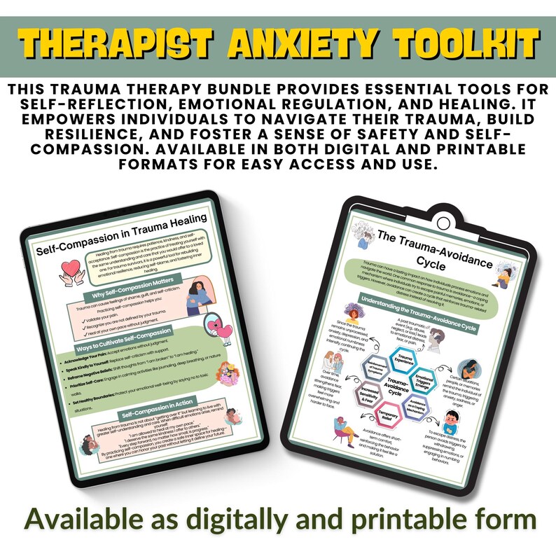 K&ouml;nnte beinhalten: Ein digitaler, druckbarer Toolkit f&uuml;r Therapeuten, um Klienten bei Trauma und Angst zu unterst&uuml;tzen. Der Toolkit enth&auml;lt einen Leitfaden zur Selbstmitgef&uuml;hl und ein Diagramm des Trauma-Vermeidungszyklus.