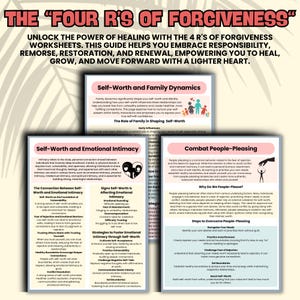 May include: A colorful infographic with the title "The Four R's of Forgiveness" and three sections: "Self-Worth and Family Dynamics", "Self-Worth and Emotional Intimacy", and "Combat People-Pleasing". Each section includes text and illustrations.