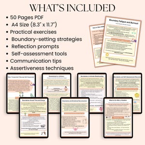May include: Digital download of a self-help guide with the title "WHAT'S INCLUDED". The guide includes 50 pages in A4 size (8.3" x 11.7") with practical exercises, boundary-setting strategies, reflection prompts, self-assessment tools, communication tips, and assertiveness techniques.
