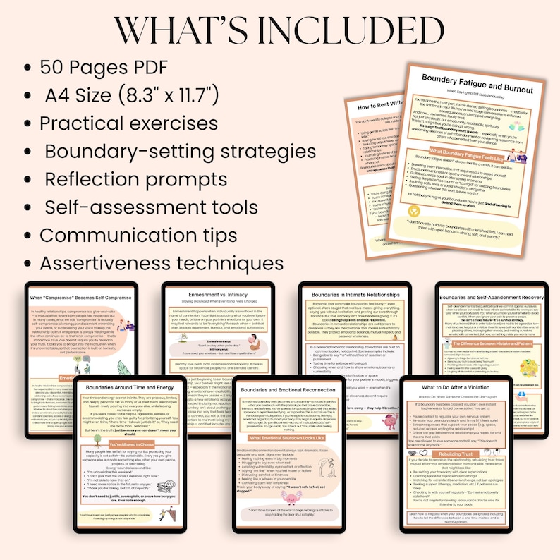 May include: Digital download of a self-help guide with the title "WHAT'S INCLUDED". The guide includes 50 pages in A4 size (8.3" x 11.7") with practical exercises, boundary-setting strategies, reflection prompts, self-assessment tools, communication tips, and assertiveness techniques.