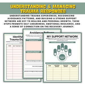 K&ouml;nnte beinhalten: Ein druckbares Arbeitsblatt mit gr&uuml;nen und wei&szlig;en Textfeldern und einem gr&uuml;nen und wei&szlig;en Kreisdiagramm. Das Arbeitsblatt tr&auml;gt den Titel "Trauma-Erfahrungen verstehen und bew&auml;ltigen" und enth&auml;lt Abschnitte mit den Titeln "Trauma-Erfahrungen identifizieren", "Vermeidungsverhalten" und "Mein Unterst&uuml;tzungsnetzwerk".