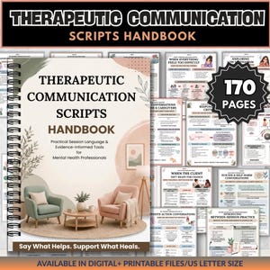 May include: A spiral-bound Therapeutic Communication Scripts Handbook with 170 pages. The cover features a beige and sage green illustration of two armchairs and a coffee table. Text includes: Therapeutic Communication Scripts Handbook, Practical Session Language & Evidence-Informed Tools for Mental Health Professionals, and Say What Helps. Support What Heals.