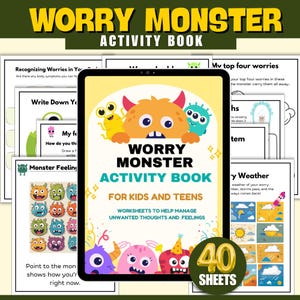 以下が含まれることがあります： 子供と10代向けの「Worry Monster Activity Book」というタイトルのカラフルなアクティビティブック。表紙には漫画のモンスターと「Worksheets to Help Manage Unwanted Thoughts and Feelings」というテキストが表示されています。この本には40枚のシートが含まれています。
