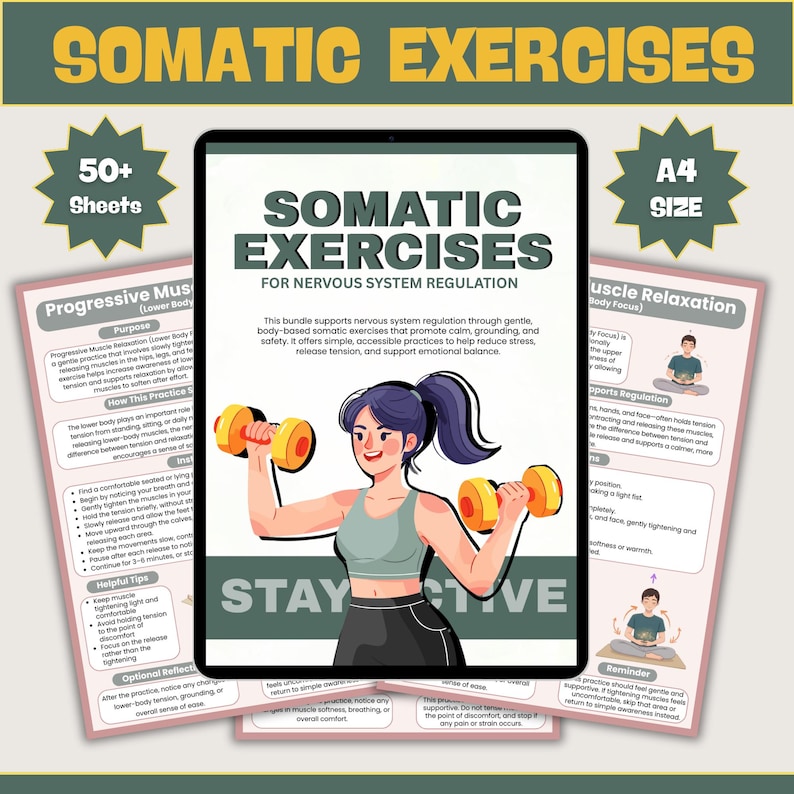 Op de afbeelding: Digitale download van de "Somatic Exercises" bundel voor regulatie van het zenuwstelsel. De afbeelding toont een vrouw die oefent met dumbbells, samen met informatieve vellen. De bundel bevat meer dan 50 vellen en is A4-formaat. De tekst "Stay Active" is ook zichtbaar.