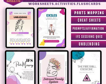 Pode incluir: Um pacote de produtos digitais para terapia de Sistemas Familiares Internos (IFS). O pacote inclui folhas de trabalho, atividades e flashcards. A imagem mostra uma variedade de produtos digitais coloridos com títulos como "Desmisturar", "Exilados", "Mapeamento de partes", "Sistema familiar interno" e "O exercício de simulação de incêndio".
