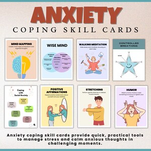 May include: A set of colorful printable cards with illustrations and text offering coping skills for anxiety. The cards include titles like "Mind Mapping", "Wise Mind", "Walking Meditation", "Controlled Breathing", "Coping with Social Anxiety", "Positive Affirmations", "Stretching", and "Humor".